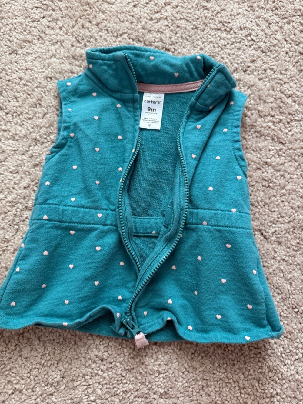 Carter's Teal Sleeveless Zip Vest with Pink Heart Accents